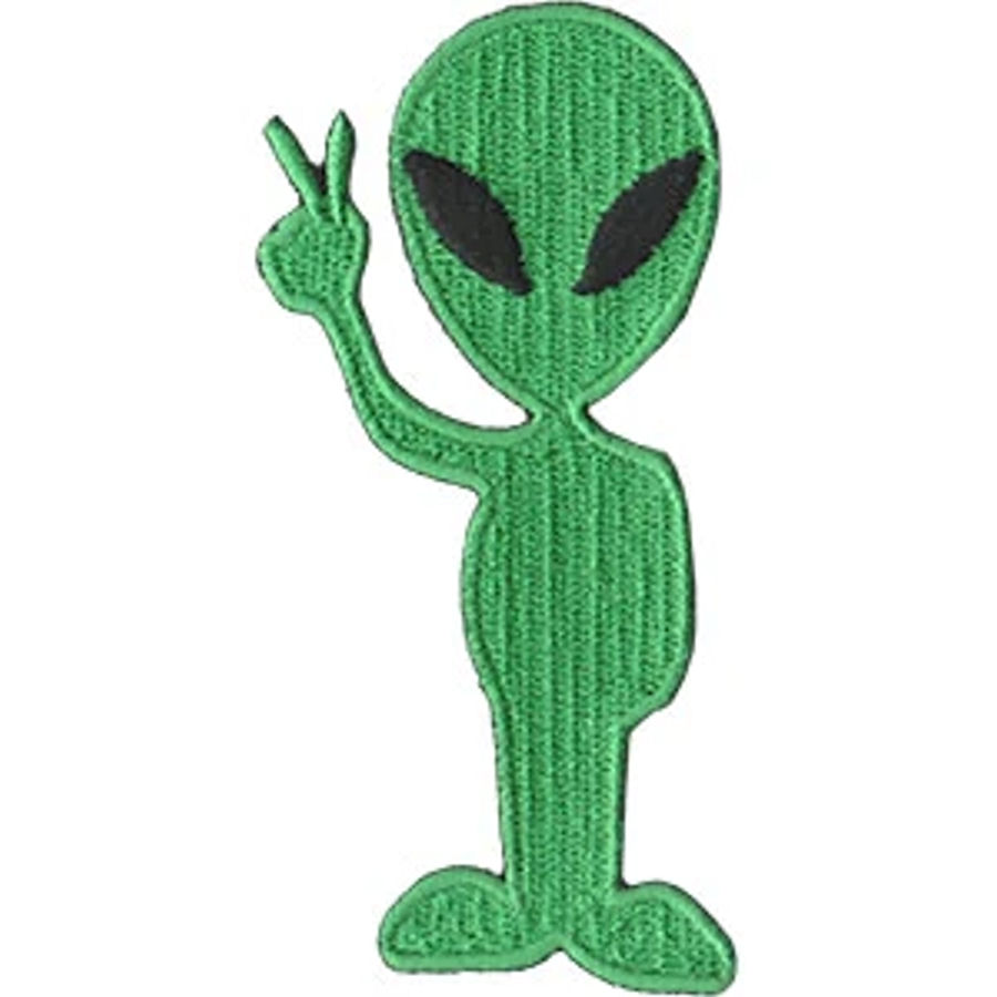 Green Alien Peace - Embroidered Iron-On Patch at Sticker Shoppe