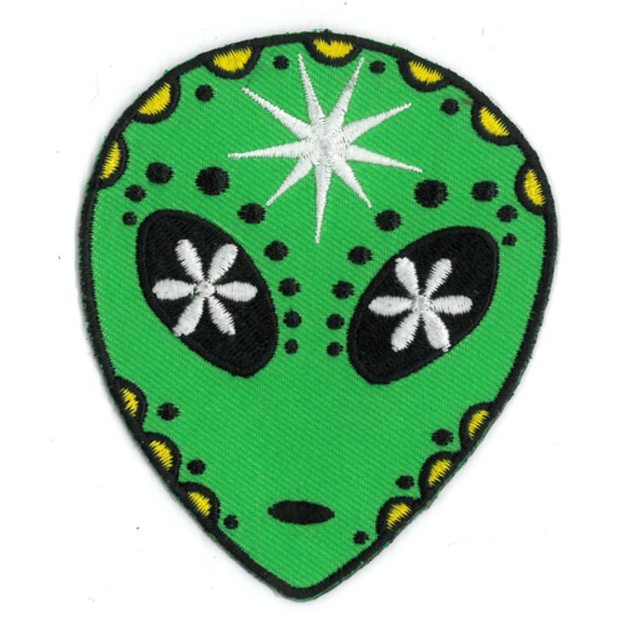 Green Alien Sugar Skull - Embroidered Iron-On Patch at Sticker Shoppe