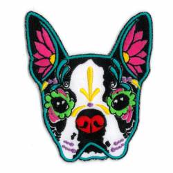 Cali's Boston Terrier Sugar Skull Dog Head - Embroidered Iron-On Patch